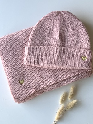 Ensemble bonnet et écharpe coeur (rose)